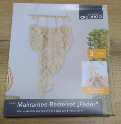 4x 3 teiliges Makramee Bastelset Feder von Crelando, 2xKnäuel + 1xHolzstab