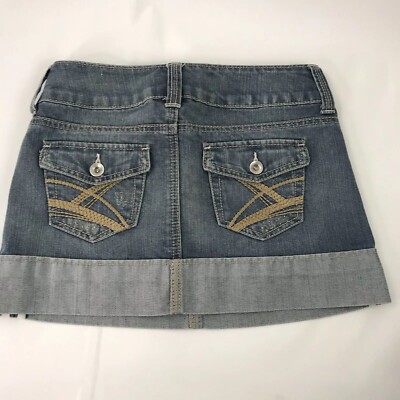 SO Wear It Declare it 5 pocket Blue Jean Mini Skirt Stripes Flap Pocket Cuff EUC