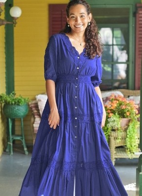 April Cornell Countryside Prairie Dress Size S (8 - 10) Marine Blue Cotton Maxi