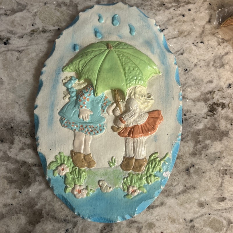 Rare Vintage Chalkware Wall Hanging Nursery Scene 2 Girls Under Umbrella