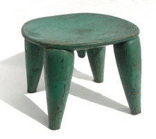 Vintage 16 x 16 x 12  African Nupe Stool Four Legs Original Green Paint Nigeria
