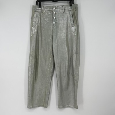 Pilcro Anthropologie Silver Metallic Coated Denim Cinch Back Straight Jeans 30