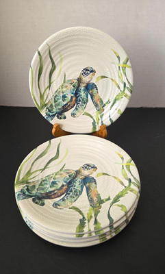 Set 6 Tommy Bahama 8.5  Sea Turtle Seaweed Melamine Salad Dessert Plates Coastal