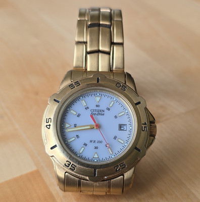 Citizen Eco-Drive WR100 Armbanduhr Gold Edelstahl weißes Zifferblatt Datum
