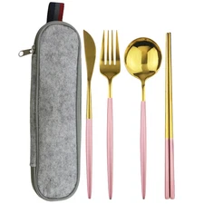 Pink Gold Dinnerware Set Travel Camping Cutlery Set Knife Fork Spoon Chopsticks 