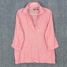 Tahari Tunic Top Womens Large Red 100% Linen 3/4 Sleeve Collared Shirt Blouse
