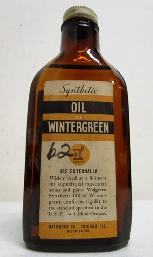VINTAGE NOS WALGREEN CO. OIL OF WINTERGREEN AMBER GLASS BOTTLE DRUG STORE