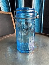 Vintage CGC Clear Blue Glass Tilted Jar/Canister Embossed Snowdrops