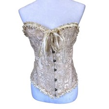 Corset Top Women Cream Jacquard Ruffle Lace Up Back Damask Costume Size M