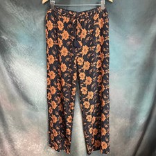 Johnny Was Jade 100 Silk Floral Print Wide Leg Pants Navy Orange XL