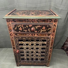 Vtg Hand Painted Wooden Moroccan Style End Table Nightstand 26”x18”x12 1/2” Nice