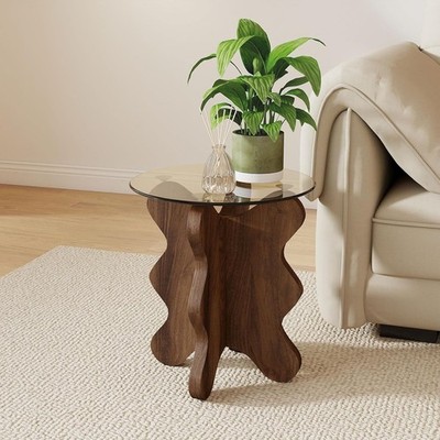 Wave-Shaped Coffee Side Table Amber Tempered Glass MDF Tool-Free Assembly