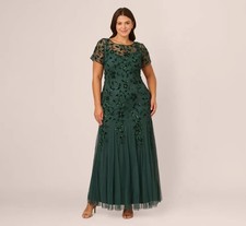 Adrianna Papell Hand Beaded Cap Sleeve Floral Godet Gown Emerald Modest 14W