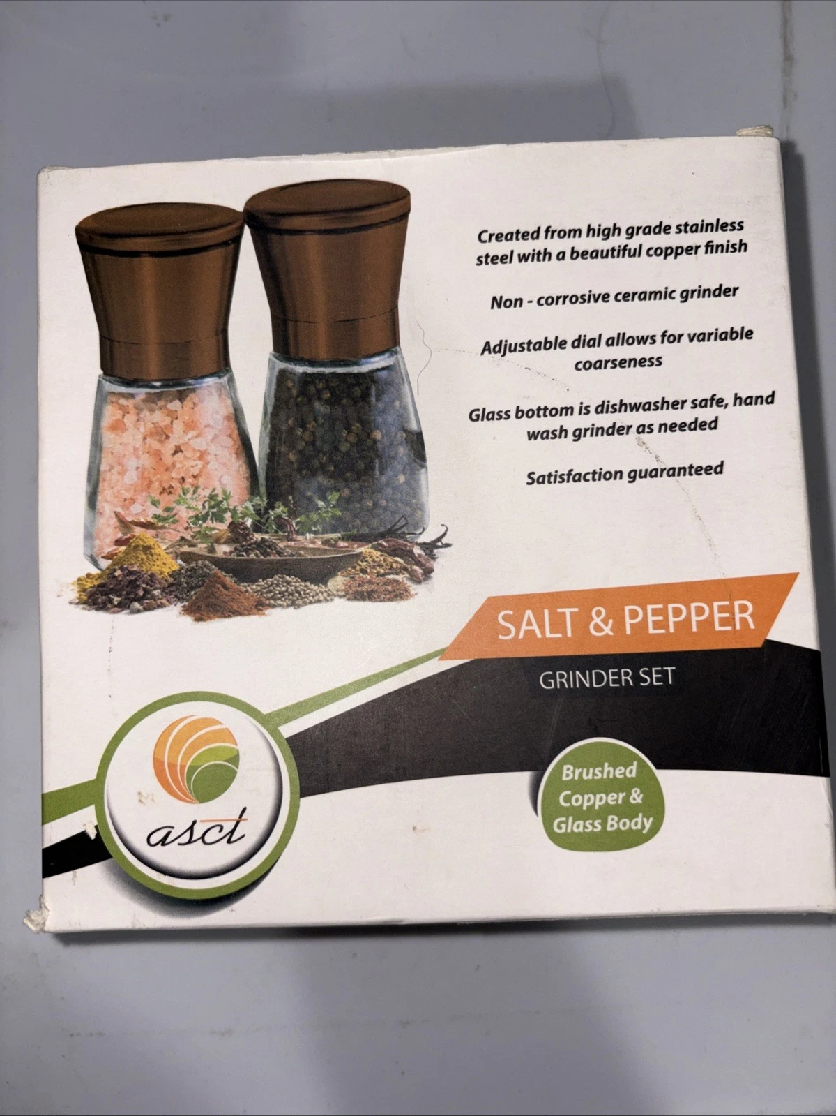 ASCT Salt & Pepper Grinder Set Brushed Copper Glass Adjustable Ceramic Mill