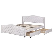 Double Size Bed Frame With Storage Drawers 4ft6 White Faux Leather Headboard