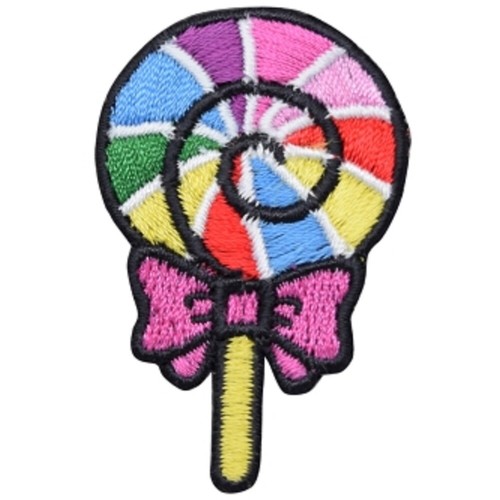 Lollipop Applique Patch - Rainbow Swirl Pink Bow Embroidered Candy Badge 2" - Picture 2 of 2