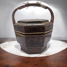 Antique Chinese Bamboo Wedding Basket Box Laquer Finsh Brass Handle