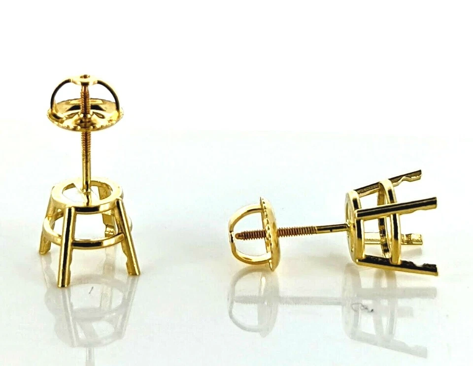 Pair 14K Yellow Gold Round Pre-Notched Stud Earring Settings Threaded Screw Back - Image 2 of 3
