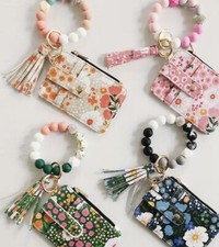 New Women's Boho Style Beaded  Tassel Keychain with Flower Pattern Wallet.