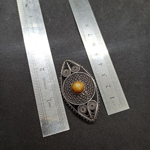 Old Israeli Filigree Brooch Pin Ethnic Vintage Sterling Silver Brown Gem Estate - Picture 12 of 12