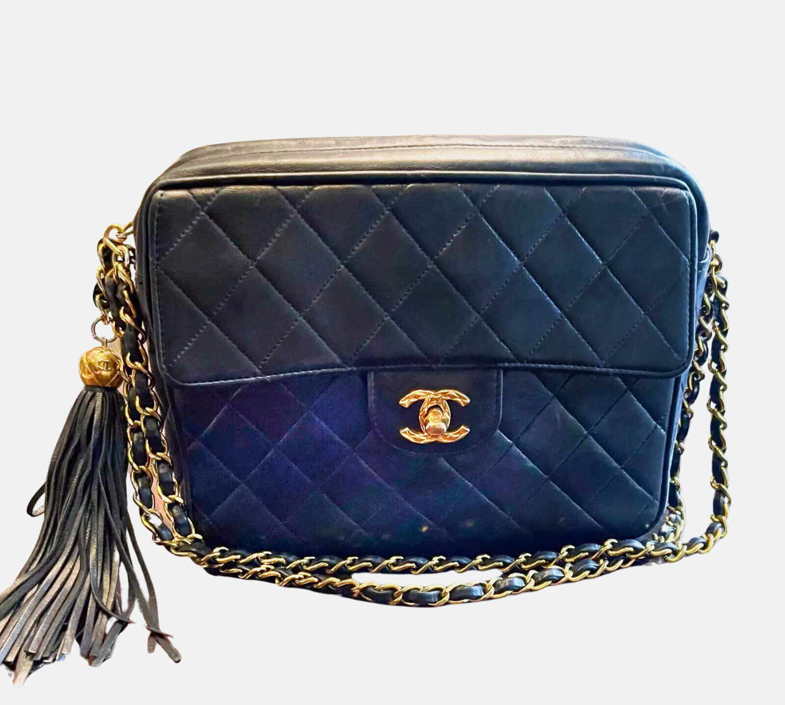 Chanel RARE Camera Flap Bag Tassel Medium Black Leather Vintage Gold CC Diana image 10