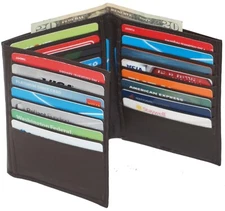 Mens European Cowhide Brown Leather Trifold Mens Wallet 2 ID-20 Card Slots Brown