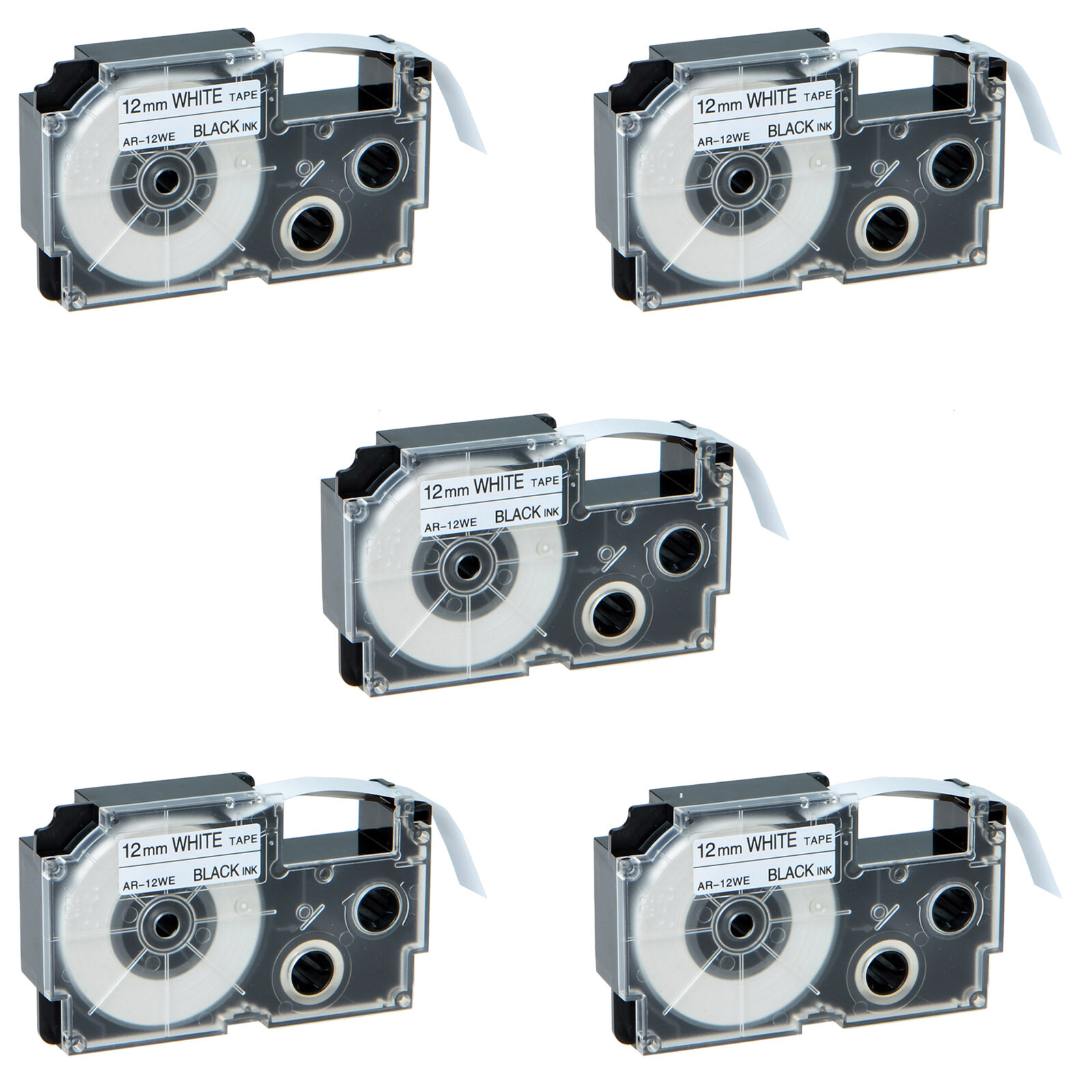 5PK 12mm Black on White Label Compatible with Casio XR-12WE KL-780 Tape 1/2"