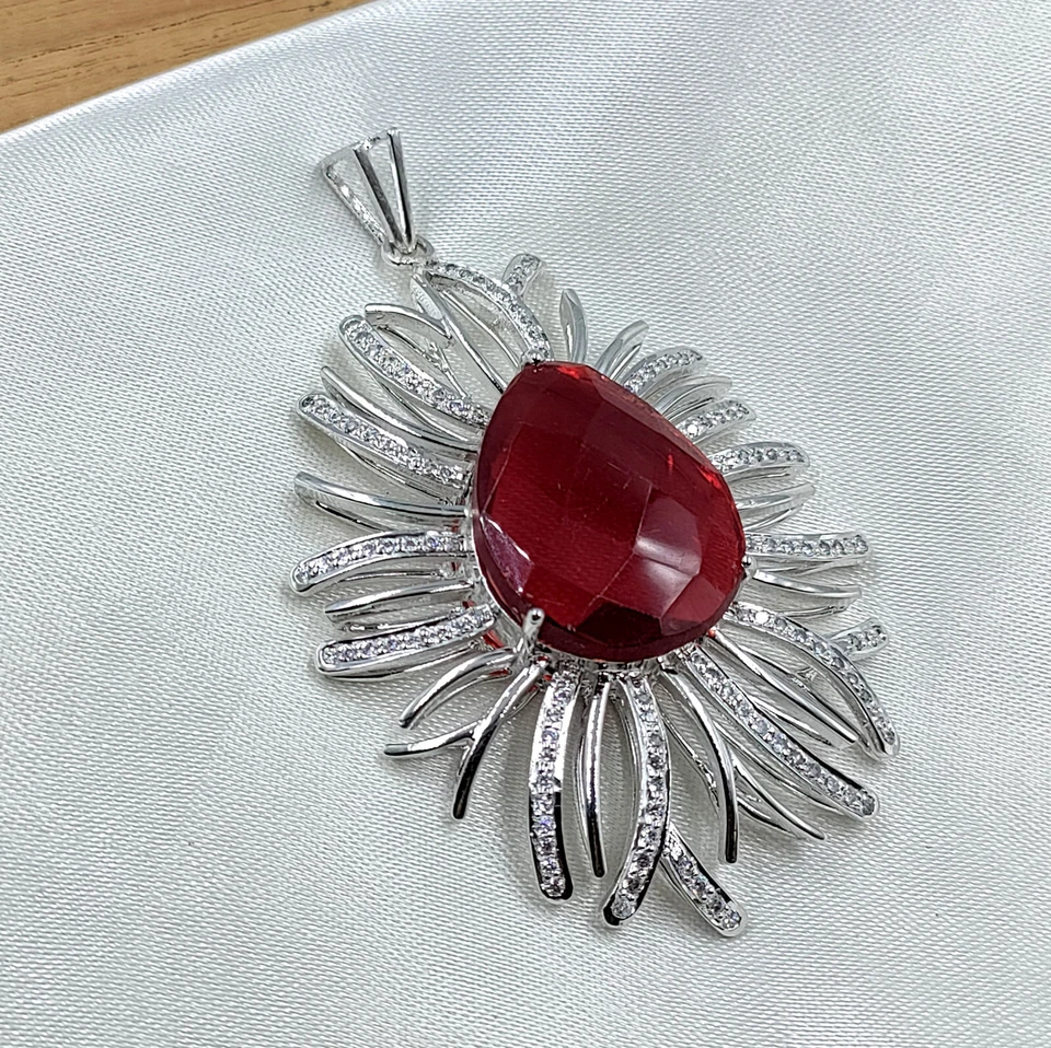 Blood Red Huge Pear Shape Ruby & White Cubic Zirconia Floral Design Fine Pendant - Image 2 of 4