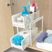 2-Tier Sliding Cabinet Storage Baskets Shelf Organizer Bins Space-Saving White