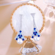 Unique Women Silver Plated Blue Cubic Zirconia Long Dangle Drop Pearl Earrings