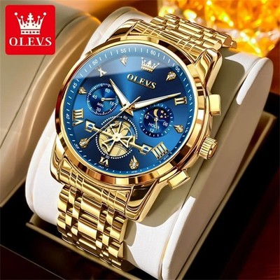 OLEVS Herren Uhr 42mm Edelstahl Mondphase Chronograph Wasserdicht