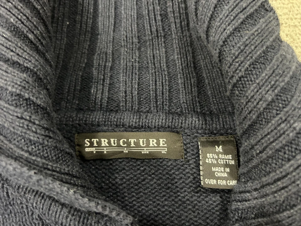 Vintage Structure Sweater Mens Medium Navy White Stripe Full Zip Mock Neck 90s - Image 3 of 4