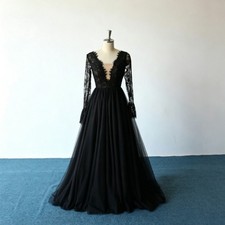Black Gothic Long Sleeve Wedding Dresses V Neck Lace Applique A Line Bridal Gown