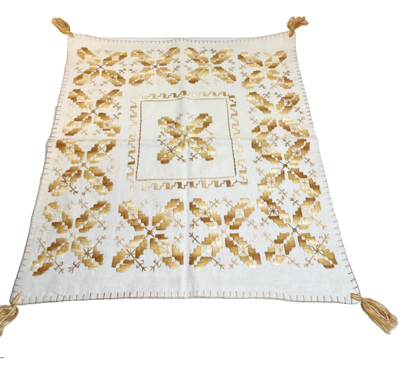 Vintage Embroidered Karsaniko Stitch Pillow Sham Folk Art, Gold Colors Geometric
