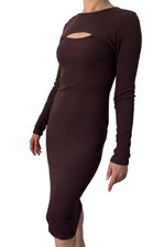Chocolate Brown Ribbed Bodycon Midi Dress M Long Sleeve Cut Out Fitted Dress
