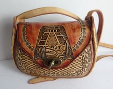 Vintage Mexican Hand-Tooled Leather Crossbody Bag with Clasp Closure
