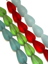 SALE 4 strand LOT cultured sea glass teardrop beads: green, red, blue apx 16mm