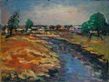 Landscape Autumn River Unknown Signed Painting Oil on Hardboard 20th Century