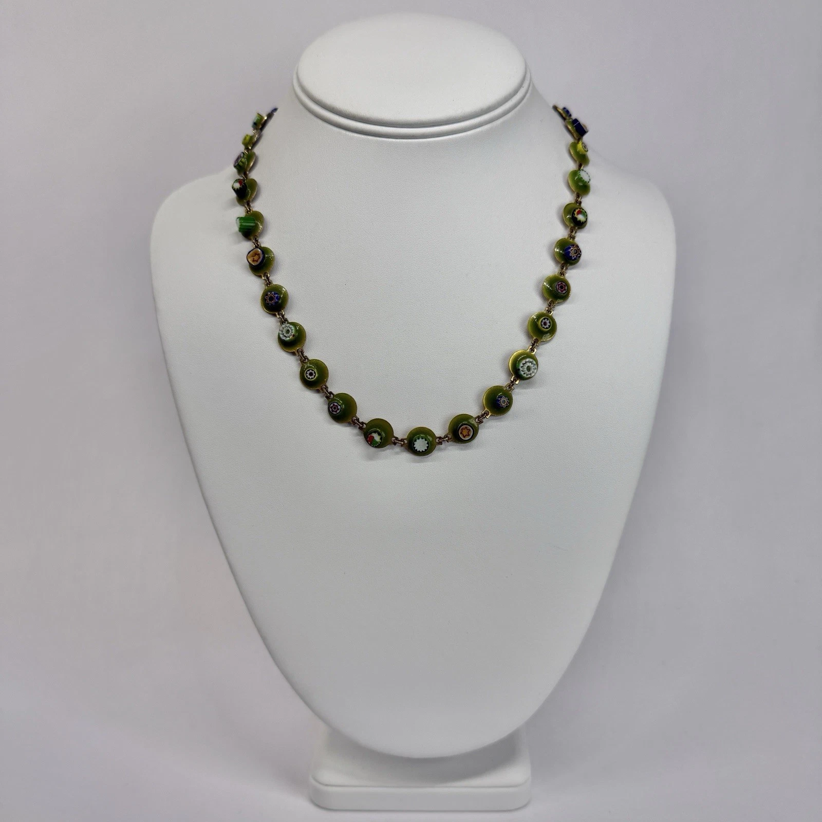 Italian Murano Millefiori Glass Beads Gold Tone Vintage Necklace Jewelry N477