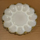 Anchor Hocking Fire King Deviled Egg Plate Milk Glass With Gold Trim 10” Vintage