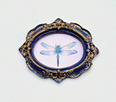 Blue Dragonfly Framed Tiny Miniature Mini ART PRINT Gold Ornate Frame NOT ACEO
