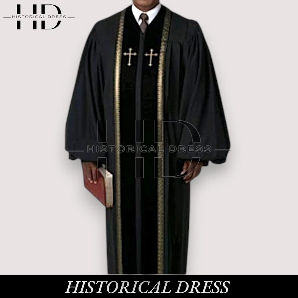 Men's Black Clergy Robe with Crosses - Pastor Preaching Gown Church Vestment - Image 3 of 4