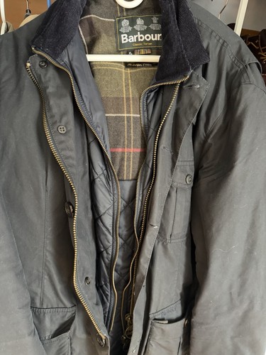 Barbour Torridon Men’s Navy Waxed Jacket XL Corduroy Collar Tartan Lined