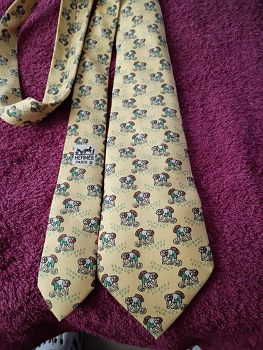 Hermès Paris Vintage Silk Tie, Yellow With Asian Rice, Farmers.