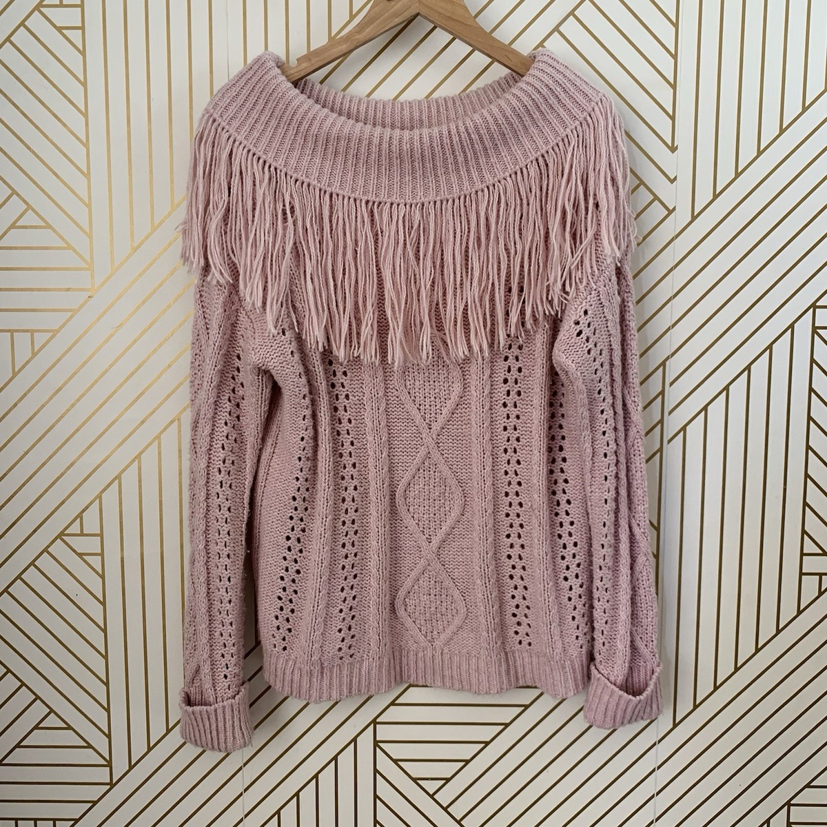 INC International Concepts cotton blend Cowl fringe cable knit sweater Y2K XL