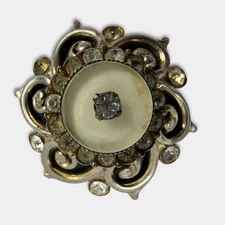 Vintage Victorian Revival Dome Rhinestone Filigree Brooch Pin Raised Design