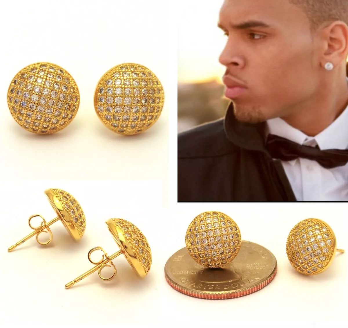 MENS LAB DIAMOND 18K YELLOW GOLD SILVER FINISH STUD HIP HOP EARRINGS