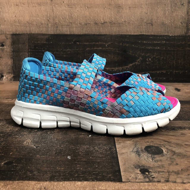 Skechers Memory Foam Gel Infused Girls 3.5 Open Toe Woven Blue Pink