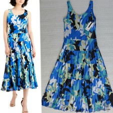 NINE WEST Size 12 Sleeveless Printed Sleeveless Tiered Midi Dress Summer Sky