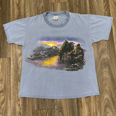 Vintage 1993 Buffalo Western Cowboy Horse Sunset Tee Single Stitch USA OSFA